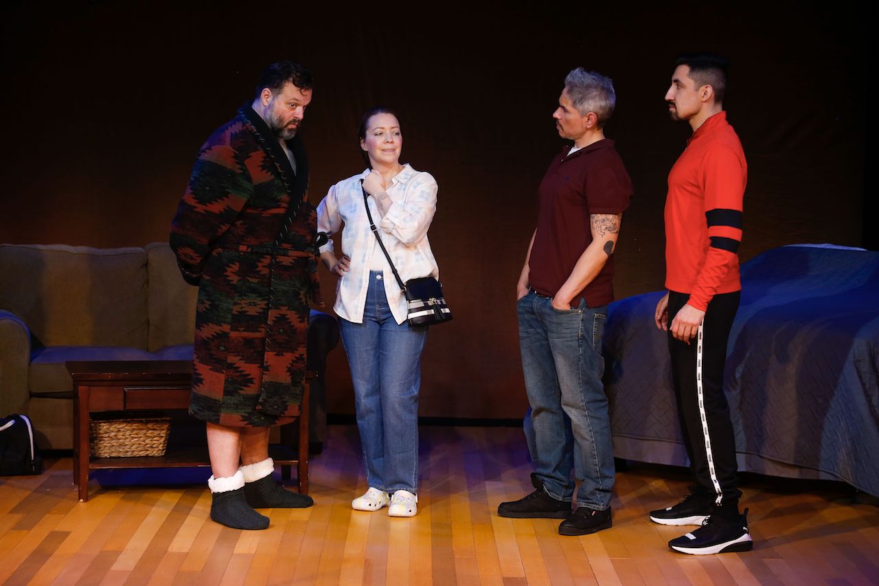 (From left to right) Scott Greer, Amanda Schoonover, J Hernandez, and Zach Valdez in 'The Motherf**ker With the Hat'. Photo: Paola Nogueras / Theatre Exile