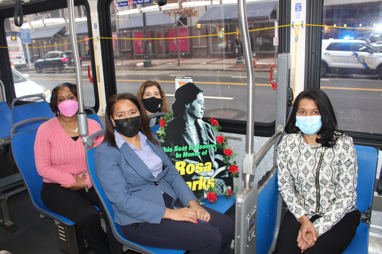 Pictured from left to right: Hunter, Richards, Boose, and Givhan on the Route 38 bus with Rosa Park's cutout. Photo credit: Emily Leopard-Davis/AL DÍA News