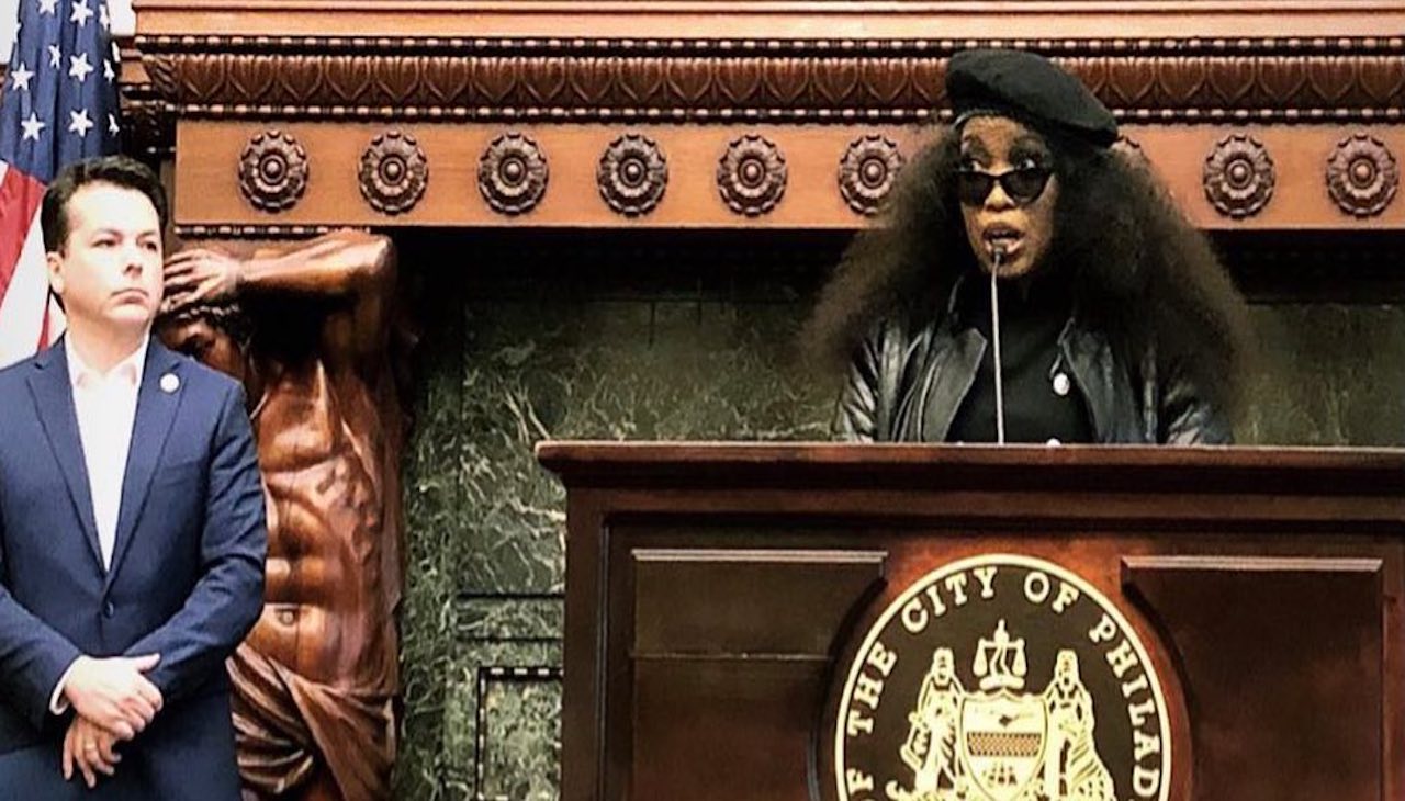 Jeannine Cook talks at Philly City Hall.