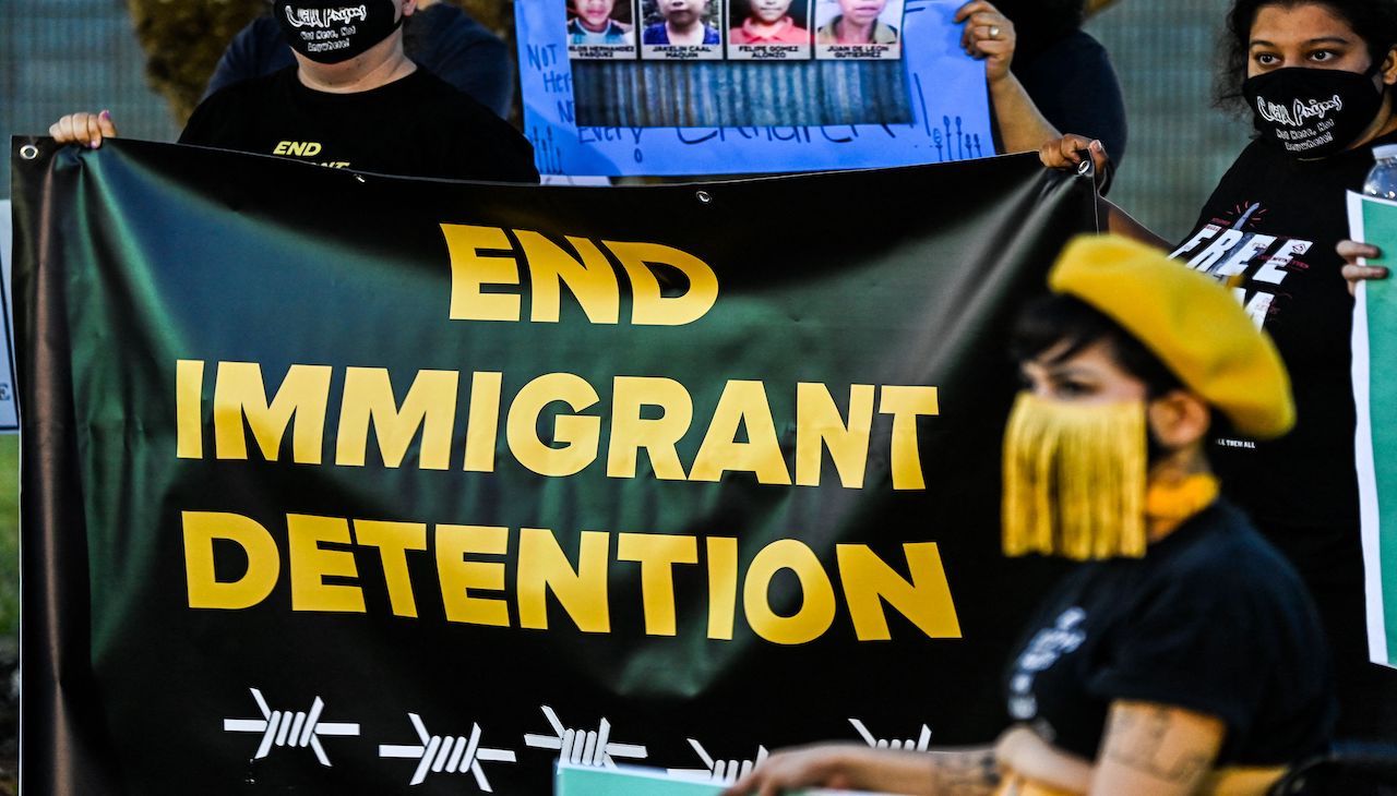 Photo from an end immigrant detention rally from April 2021. Photo: Chandan Khanna/AFP via Getty Images.