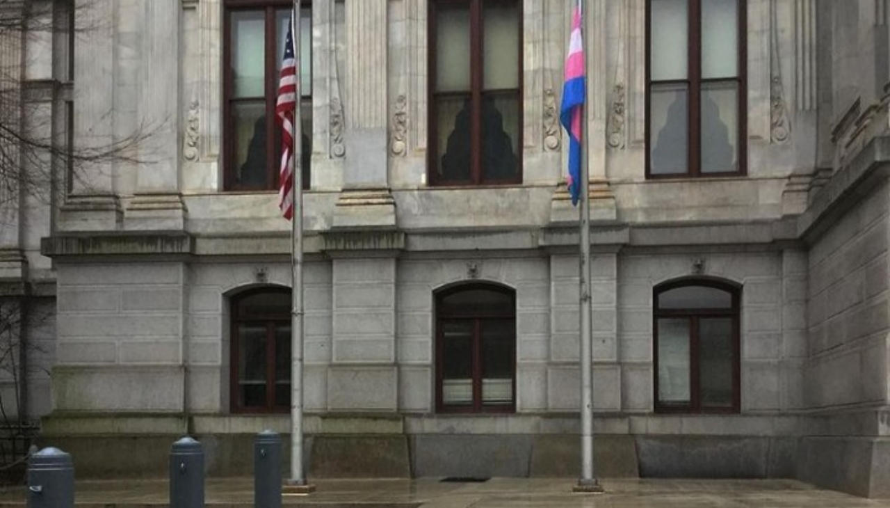 Transgender pride flag outside Philadelphia City Hall. Photo credit: Emily Leopard-Davis