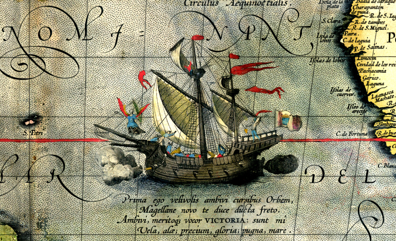 Victoria, the sole ship of Magellan's fleet to complete the circumnavigation. Detail from a map by Ortelius, 1590.