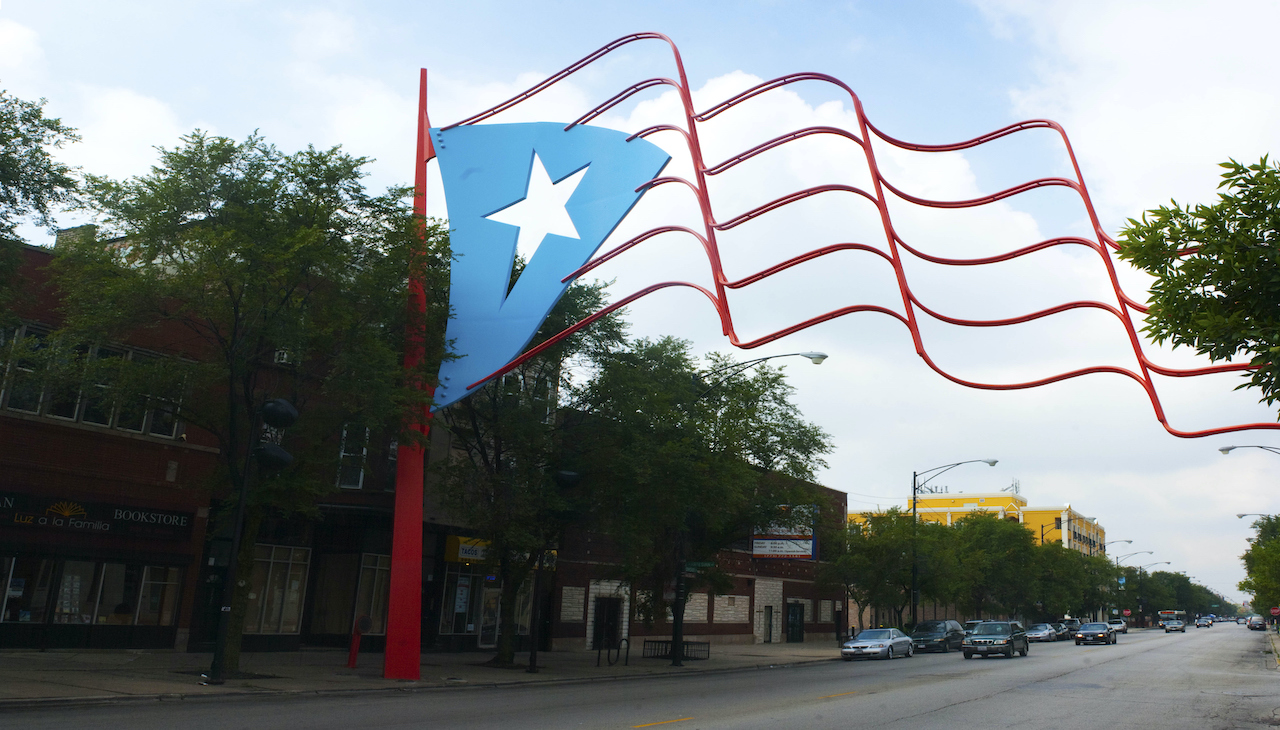 The Humboldt Park Puerto Rican flags stand 60-feet tall. Photo: Getty Images.