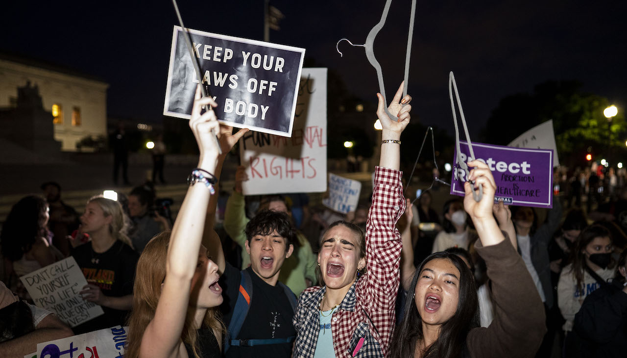 Protesters gathered outside the Supreme Court on May 3 after the leak that the court would overturn Roe v. Wade. Photo: Kent Nishimura/The Los Angeles Times via Getty Images.