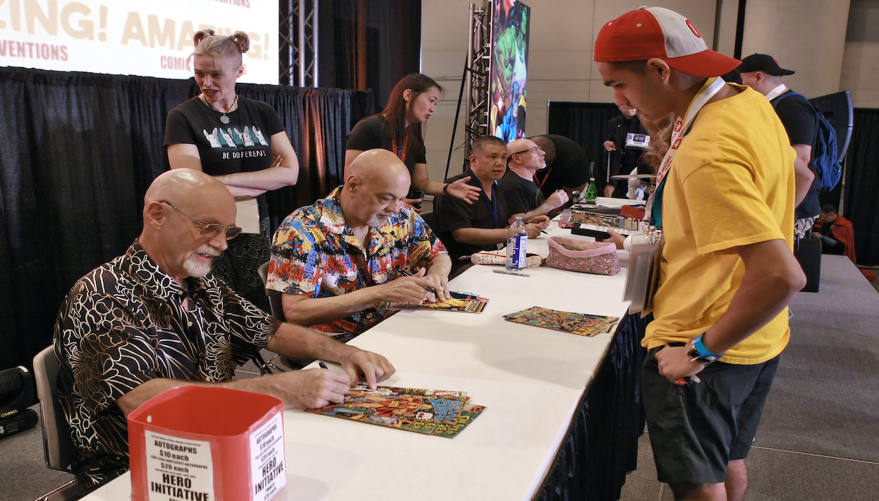 Jim Starlin, George Perez, Ron Lim, and Joe Rubenstein sign autographs at the 'Marvel Infinity Ultimate Fan Signing With Complete Team!' during the Seventh Annual Amazing Las Vegas Comic Con at the Las Vegas Convention Center on June 15, 2019. Photo: Paul Butterfield/Getty Images for Amazing Comic