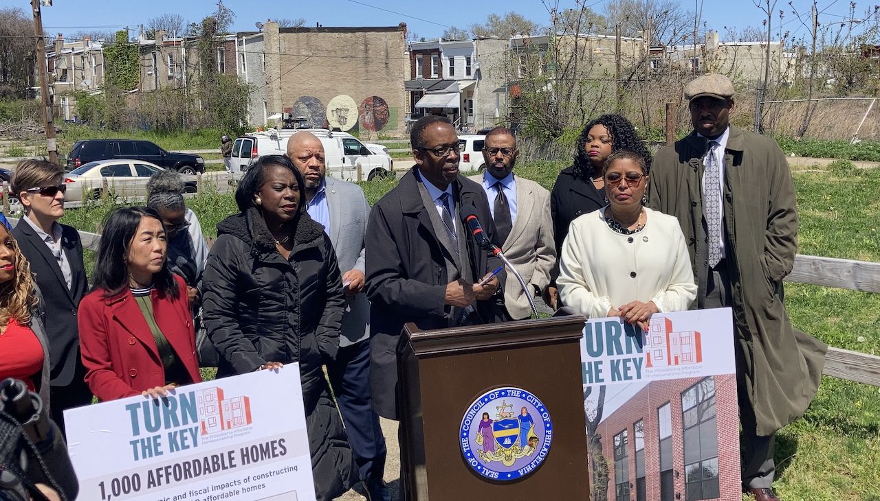 Members of Philadelphia City Council announce the Turn The Key program in West Philadelphia on April 28, 2022. Photo courtesy of Council President Darrell Clarke's Office.