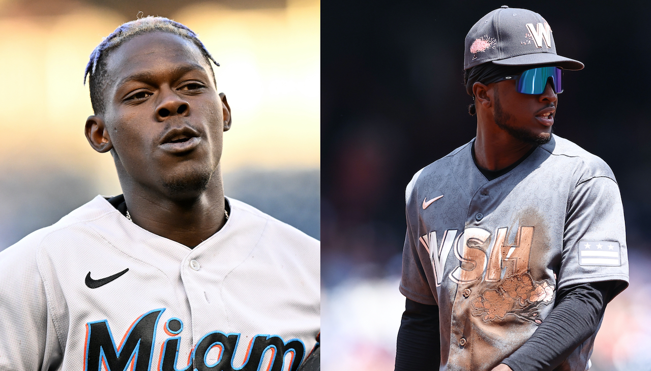 Jazz Chisholm (left) and Lucius Fox (right) recently shared the MLB field in a game between the Marlins and Nationals. Photos: Getty Images.