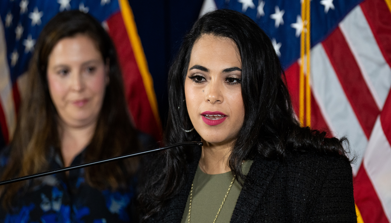 Newly-elected Rep. Mayra Flores speaking at the announcement of the formation of the Hispanic Leadership Trust at the Republican National Committee in May 2022. Photo: Bill Clark CQ-Roll Call, Inc via Getty Images.