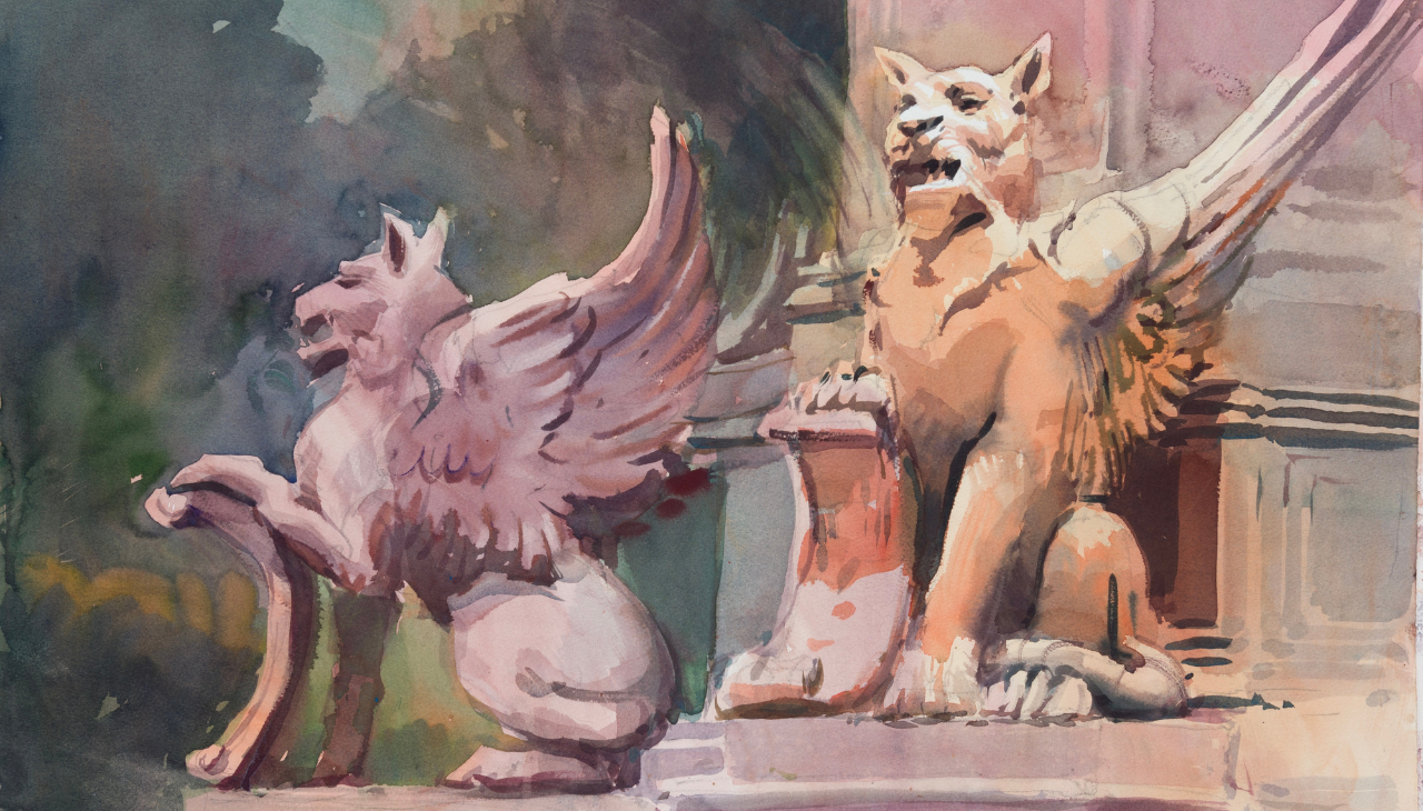 Timothy J. Clark. 'Gryphons, Azores,' 2005. Watercolor on paper, 23 x 30 inches. Photo: HSM&L