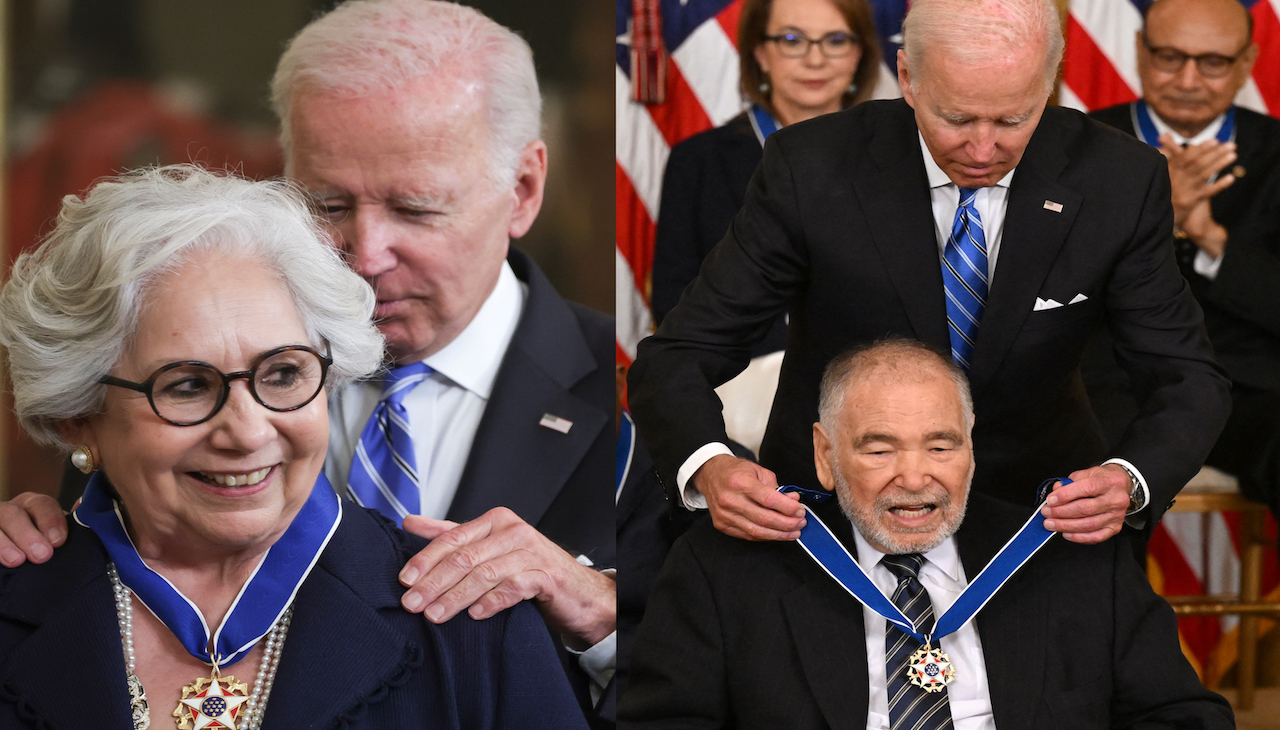 On the left, Dr. Julieta García and on the right, Raúl Yzaguirre accepting the Presidential Medal of Freedom