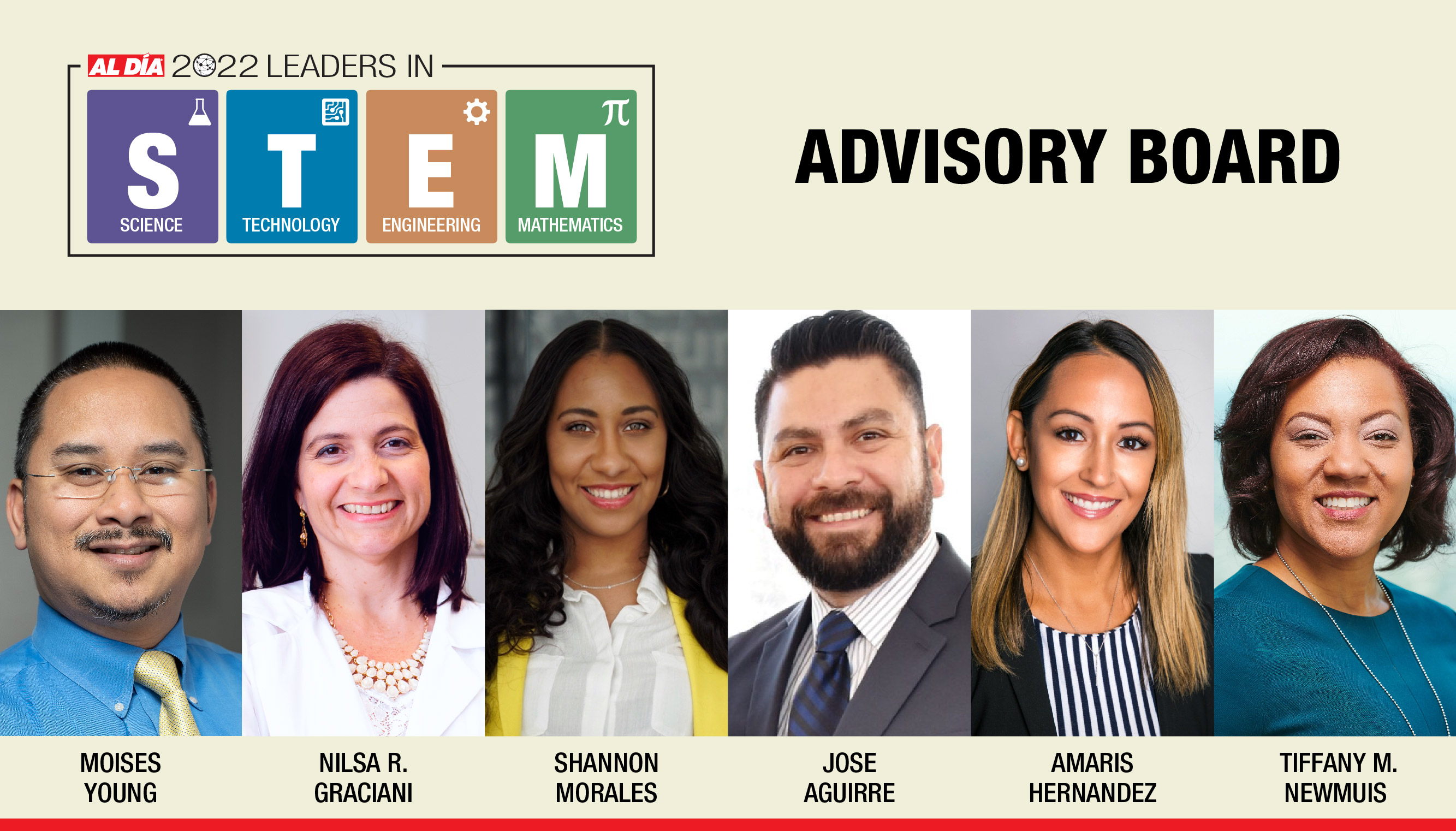 These are the 6 advisory board members for the first AL DÍA Leaders in STEM event. Graphic: Maybeth Peralta/AL DÍA News.