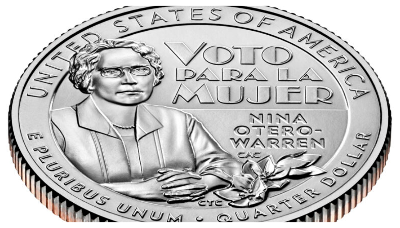 A quarter depicting Nina Otero-Warren and her political slogan "Voto para la mujer", or "Votes for Women"