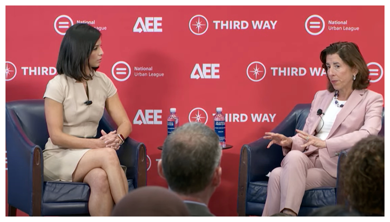 Secretary of the Department of Commerce Gina Raimondo (right) speaking with CNBC correspondent Ylan Muiwith (left).