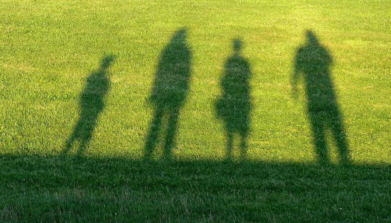 Shade of a family reflected on the grass. 