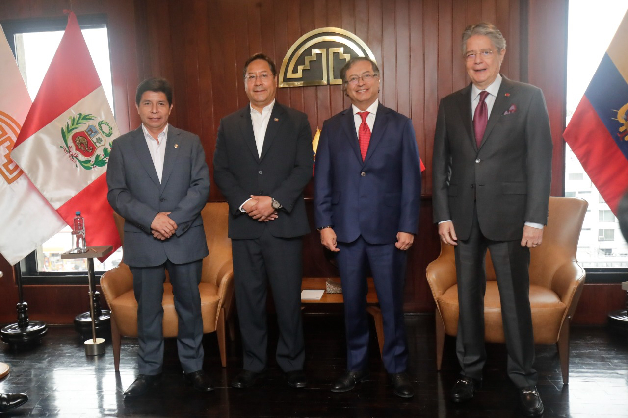 Pedro Castillo, Luis Arce, Gustavo Petro and Guillermo Lasso at the XXII Meeting of the Andean Presidential Council. Twitter of @PedroCastilloTe.