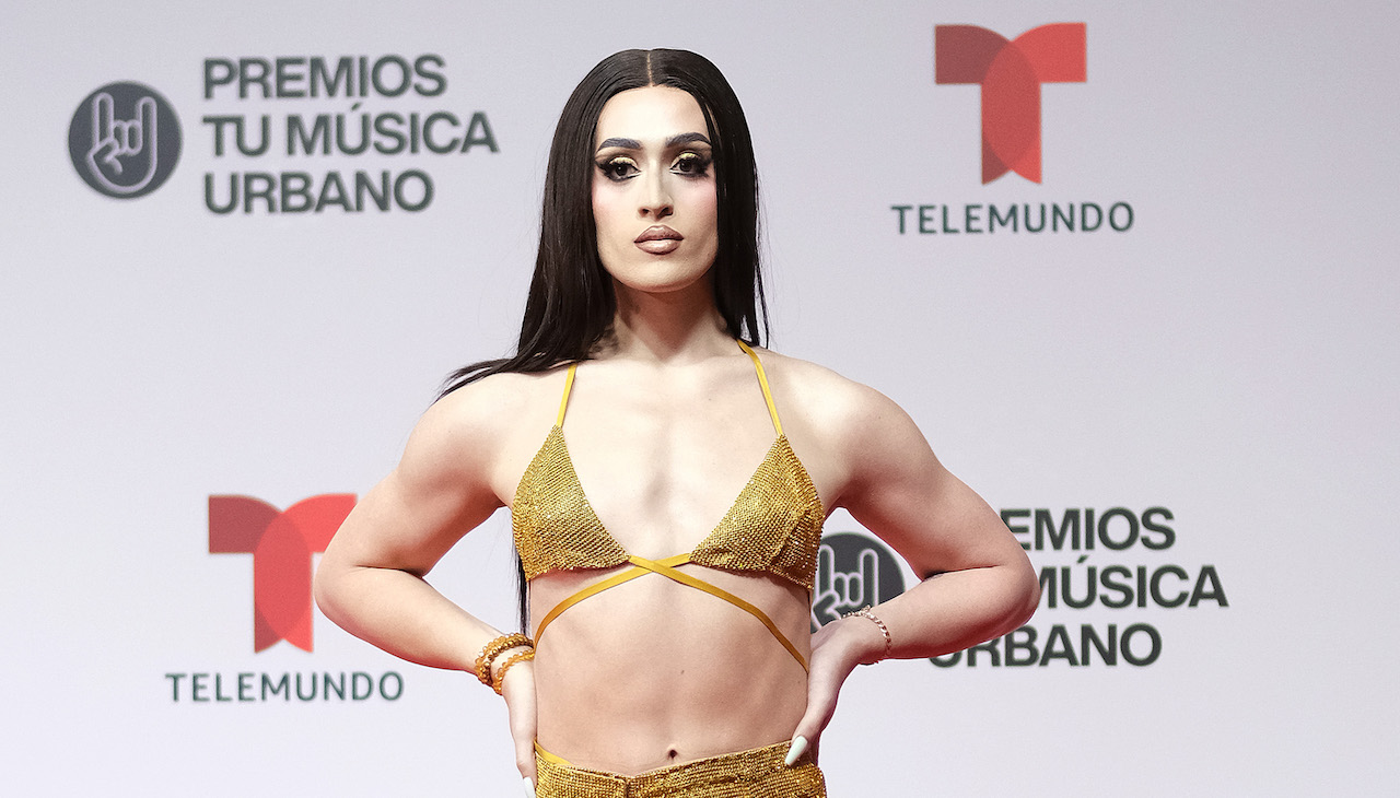 Pictured: Transgender rapper Villano Antillano in Telemundo red carpet