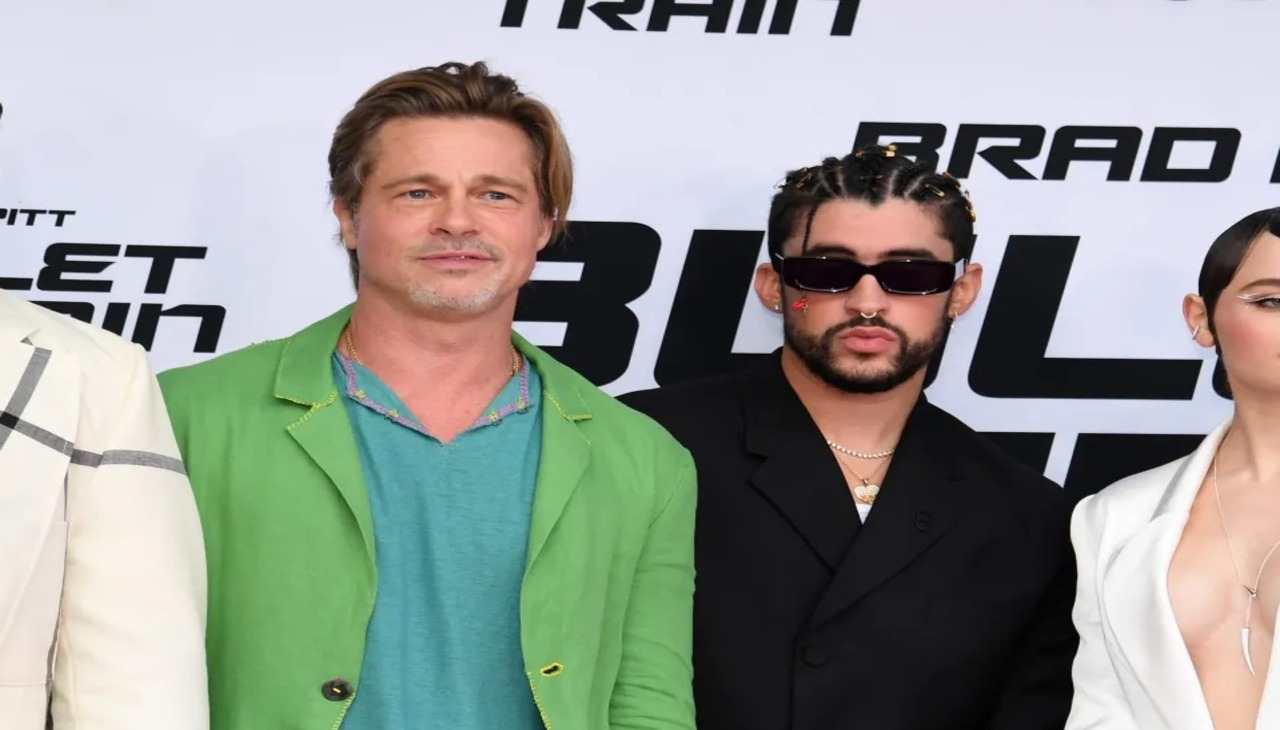 Bad Bunny and Brad Pitt at the premiere. The film, directed by David Leitch, arrives in theaters this August 4. Getty Images