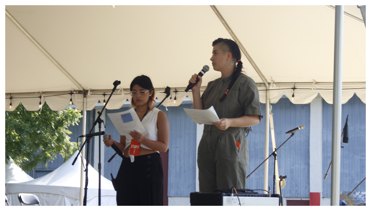 Mieke D, Director of Community Programs at People's Light (right) and Translator Elena Reyes (left). Photo: Rodrigo Campos-Sánchez/AL DÍA News