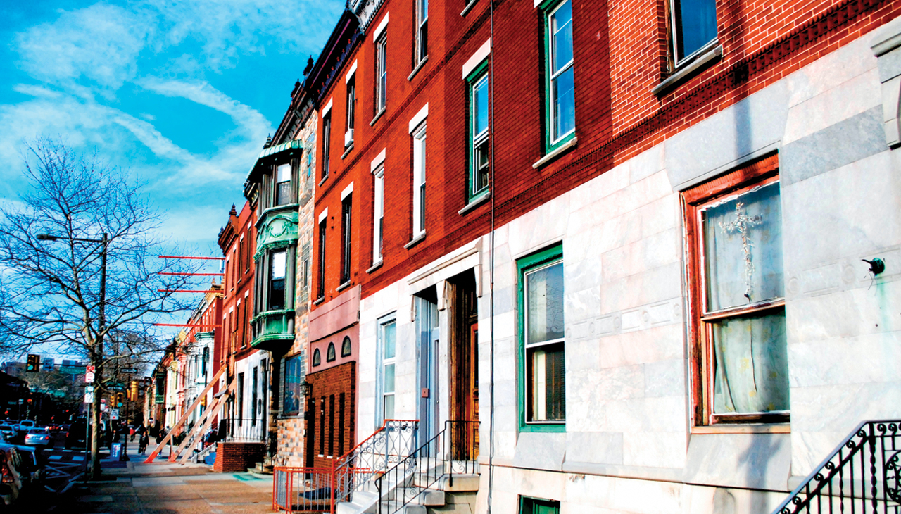 Building facades in a residential neighborhood in Philadelphia, PA, USA.  