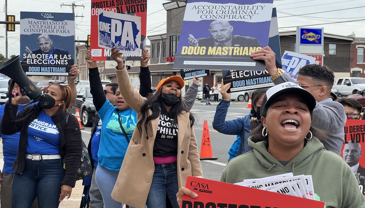 Philly Democrats, protestors denounce Mastriano outside his rally in North Philly. 