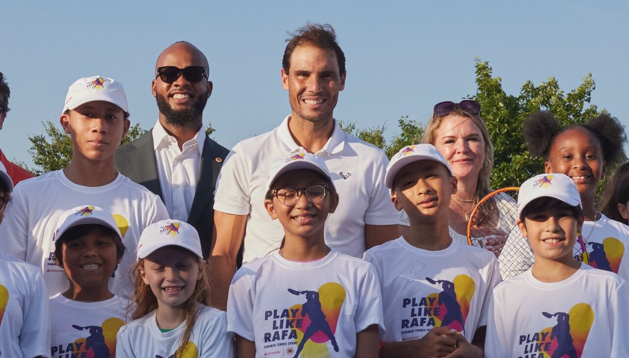 Rafael Nadal in company of young students from South Bronx New York.