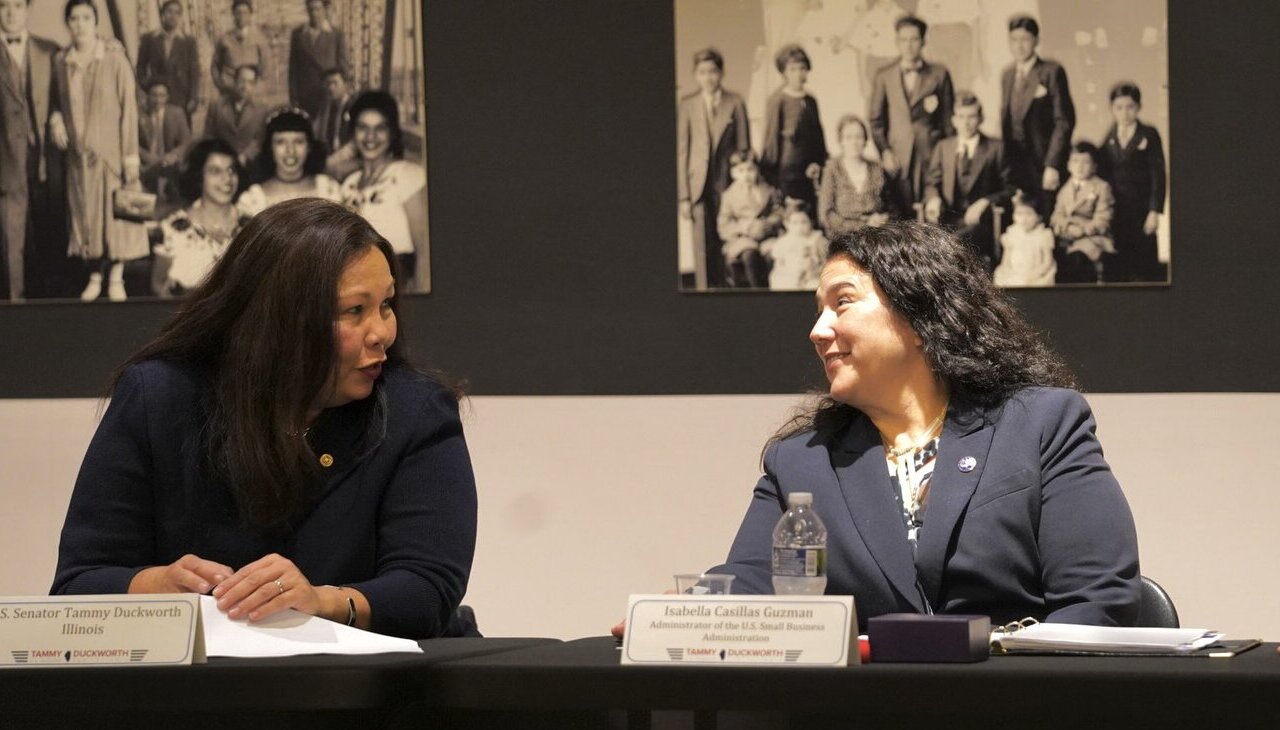 SBA's Administrator, Isabel Casillas Guzmán, talking to Senator Tammy Duckworth.