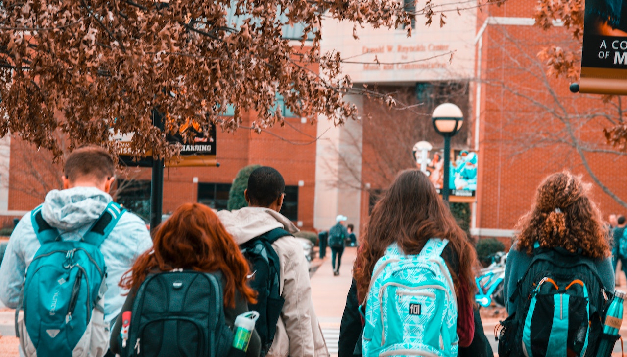 Students walking on campus. 