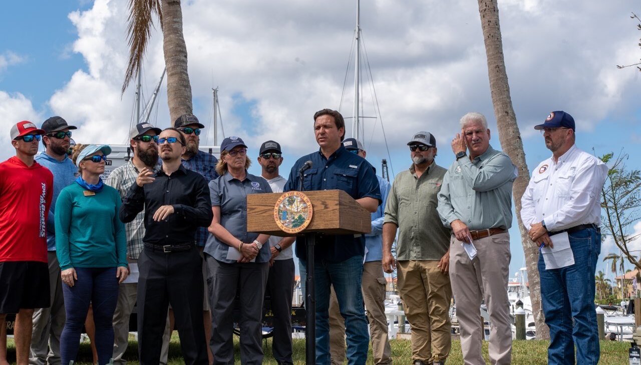 Florida Governor Ron DeSantis giving speech after Hurricane Ian. 