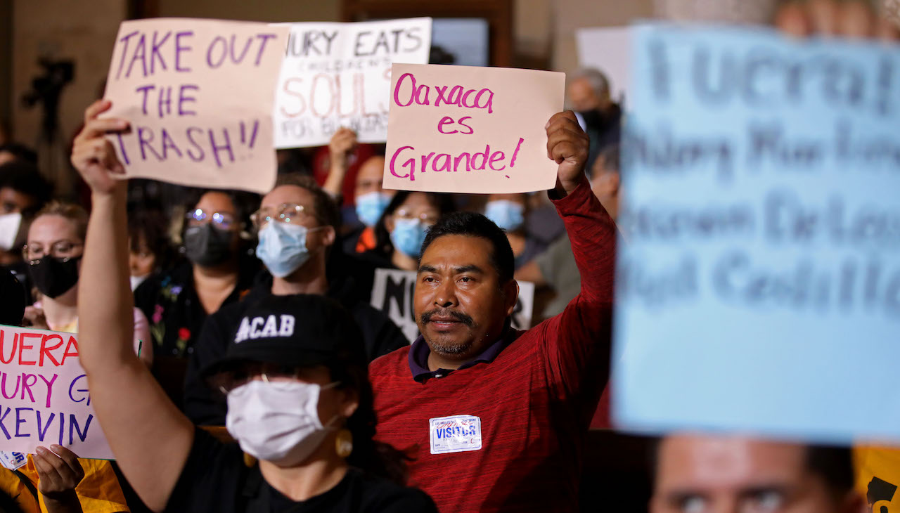 Oaxacans march in L.A. as protestors camp outside Councilmember Kevin De Leóns home. 