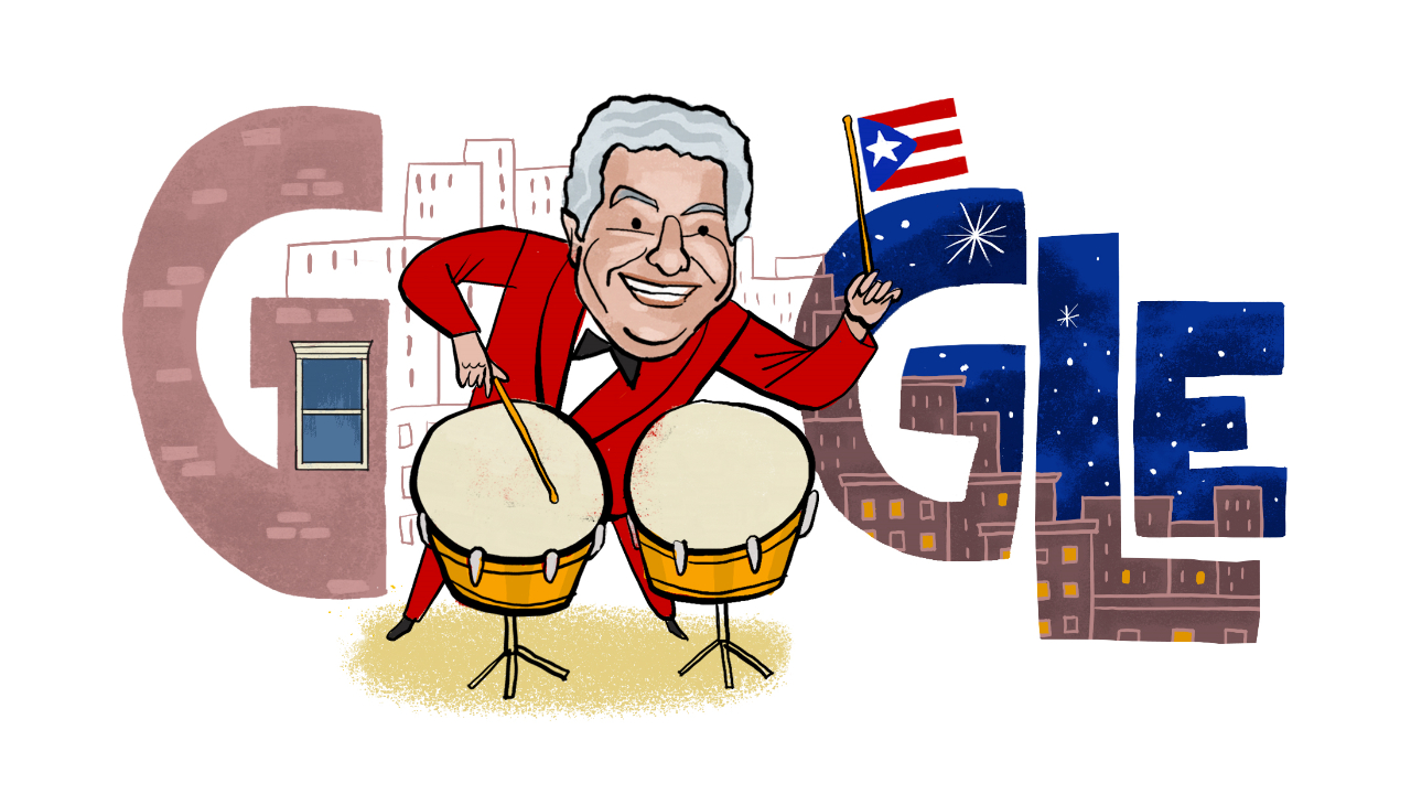 A Google Doodle drawing depicting Tito Puente, a Puerto Rican man with gray hair in a red suit playing timbales and holding the flag of Puerto Rico.