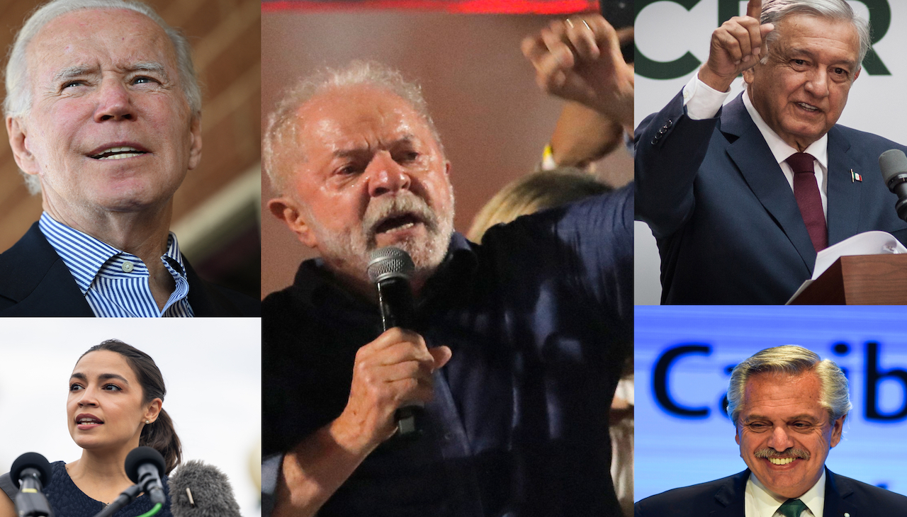 Lula capped off an incredible political comeback to oust incumbent and right-wing leader Jair Bolsonaro. Pictured: Joe Biden (top left), AOC (bottom left), Lula (middle), AMLO (top right), Argentina President Alberto Fernandez (bottom right)