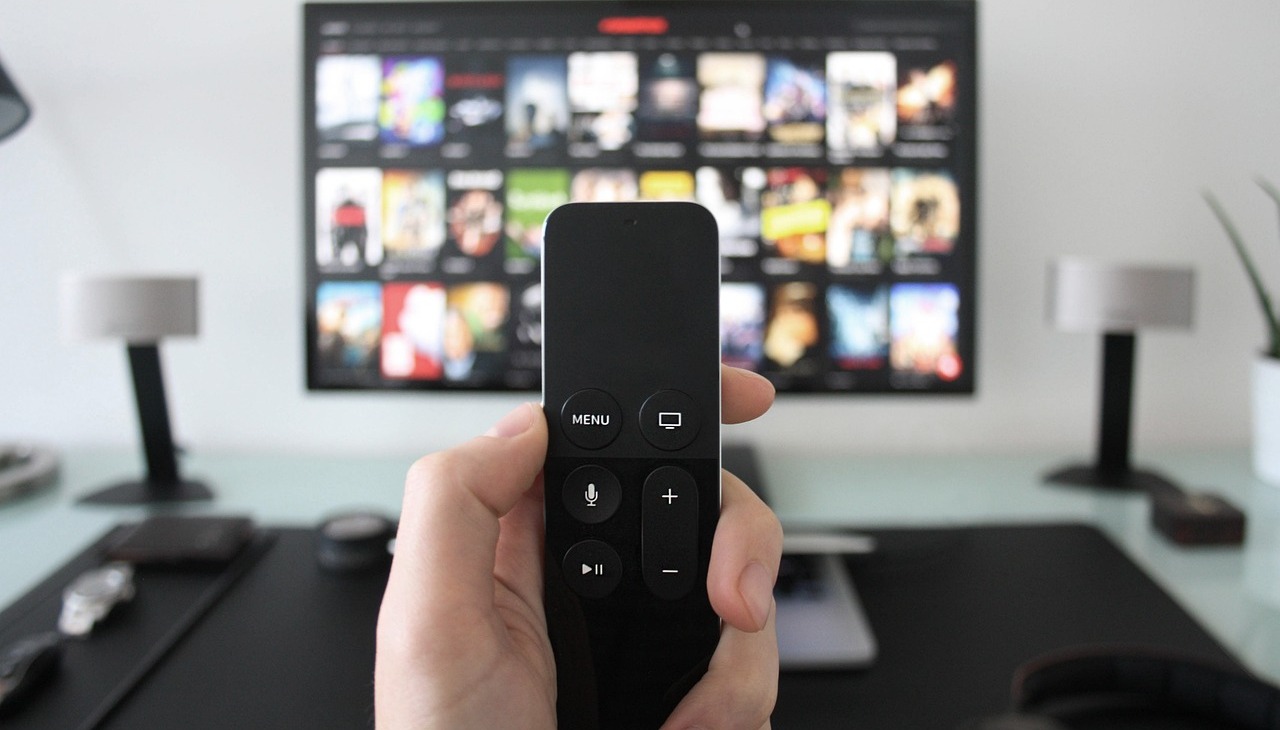 A person holds a remote to access a streaming device. 