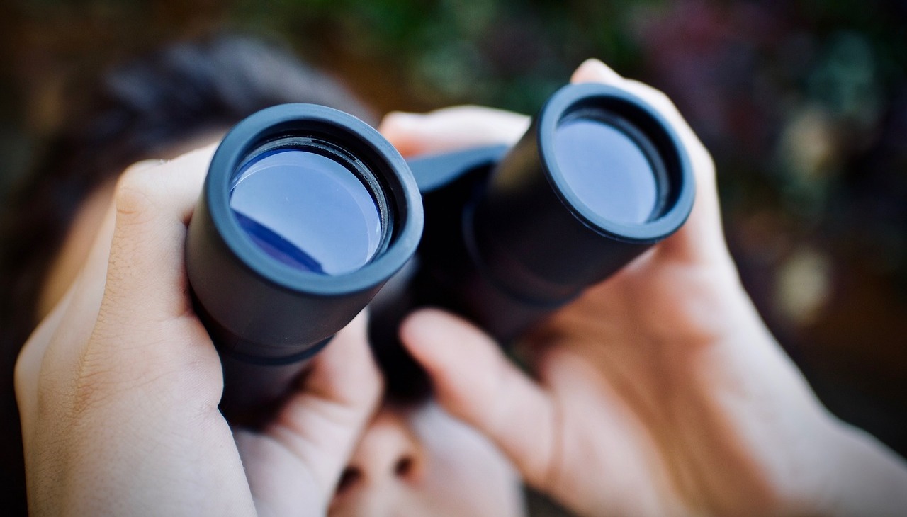 Child looking at the sky through a pair of binoculars. 