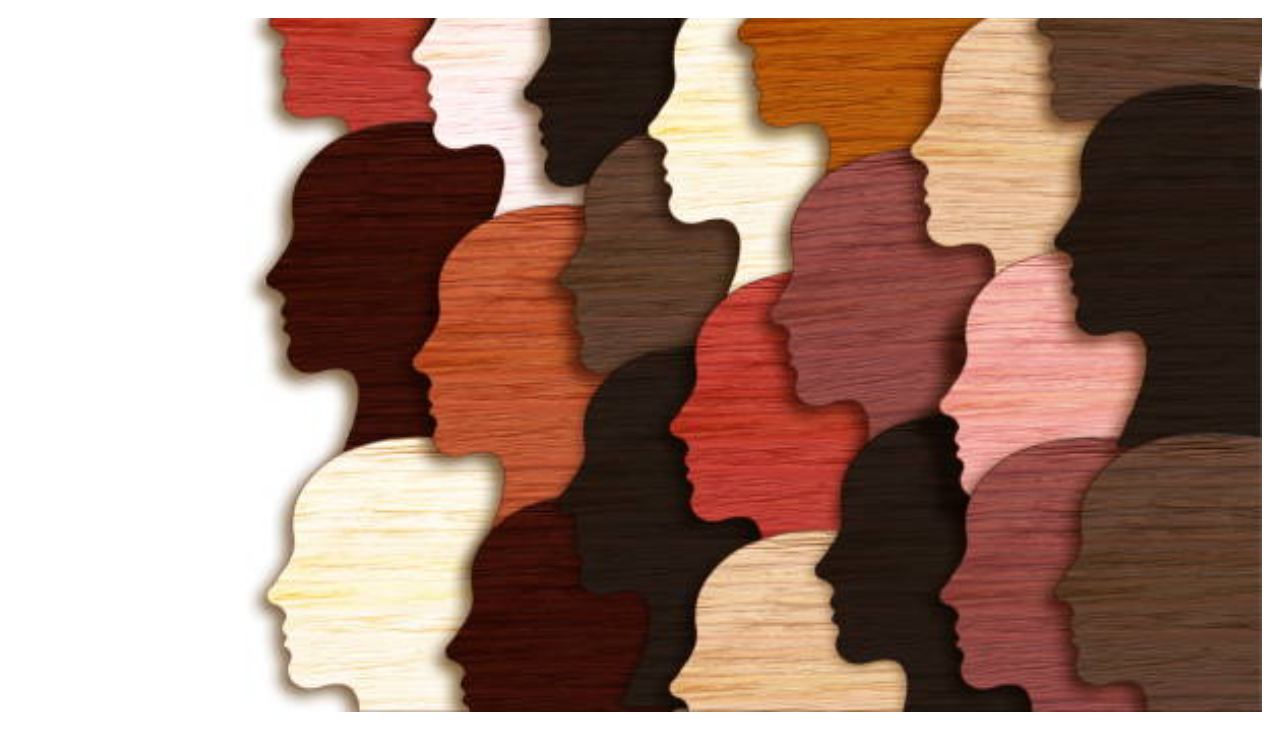 Several sillouettes of people's heads laid atop each other in rows. They are different colors, ranging from black, brown, light brown, beige, and red. They are all facing left.