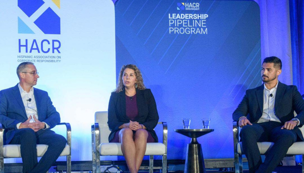 Panelists Chris Devlin, Lucinda Macias, and Jesus Gutierrez (from left to right) at the "Leveraging ERGs for Upward Mobility" panel. Photo credit: HACR.