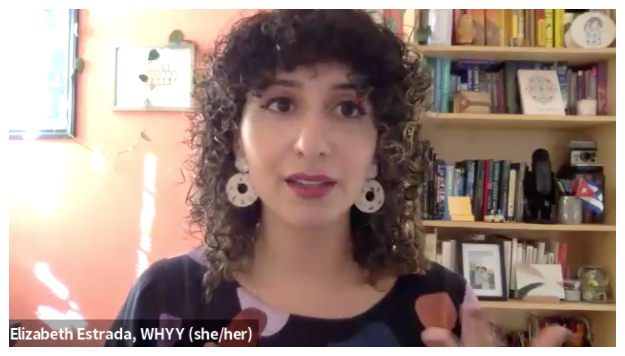 Elizabeth Estrada, reporter and producer speaking through a Zoom meeting. She is a Latina woman with short curly hair. Behind her is a bookshelf.