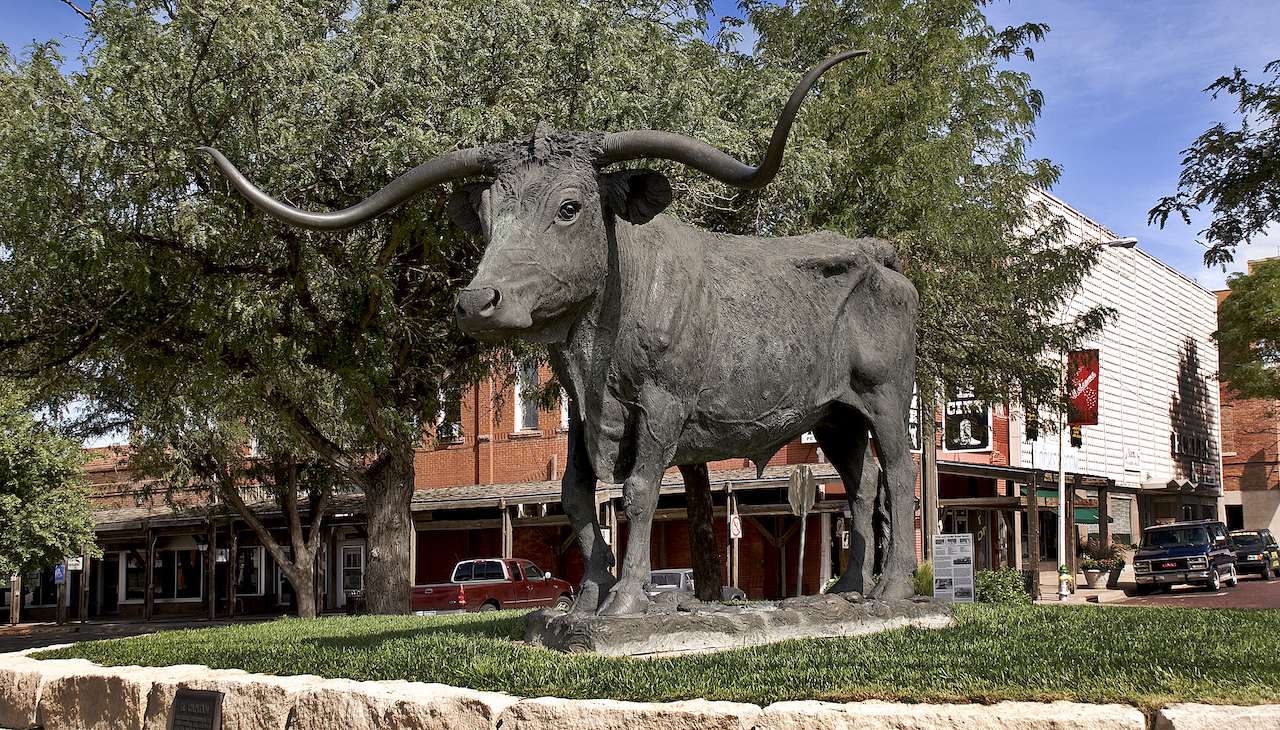 This is a statue paying homage to the town's history of cattle drives. 