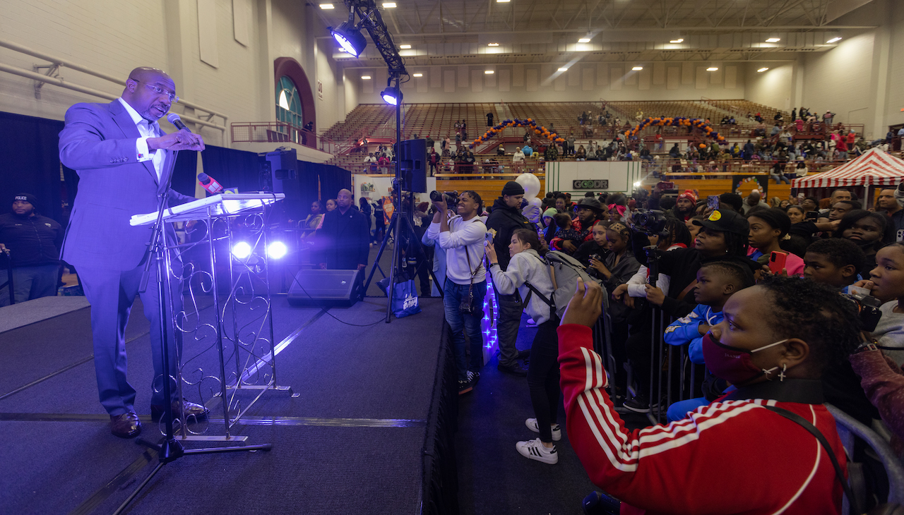 Sen. Warnock campaigning at Morehouse College in Georgia.