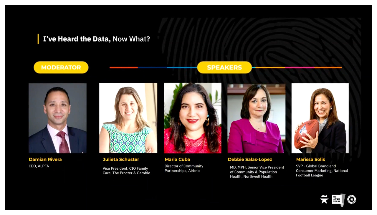 A screenshot from the Hispanic Leadership Summit recording. The names, titles, and photos of the panelists are shown against a black background