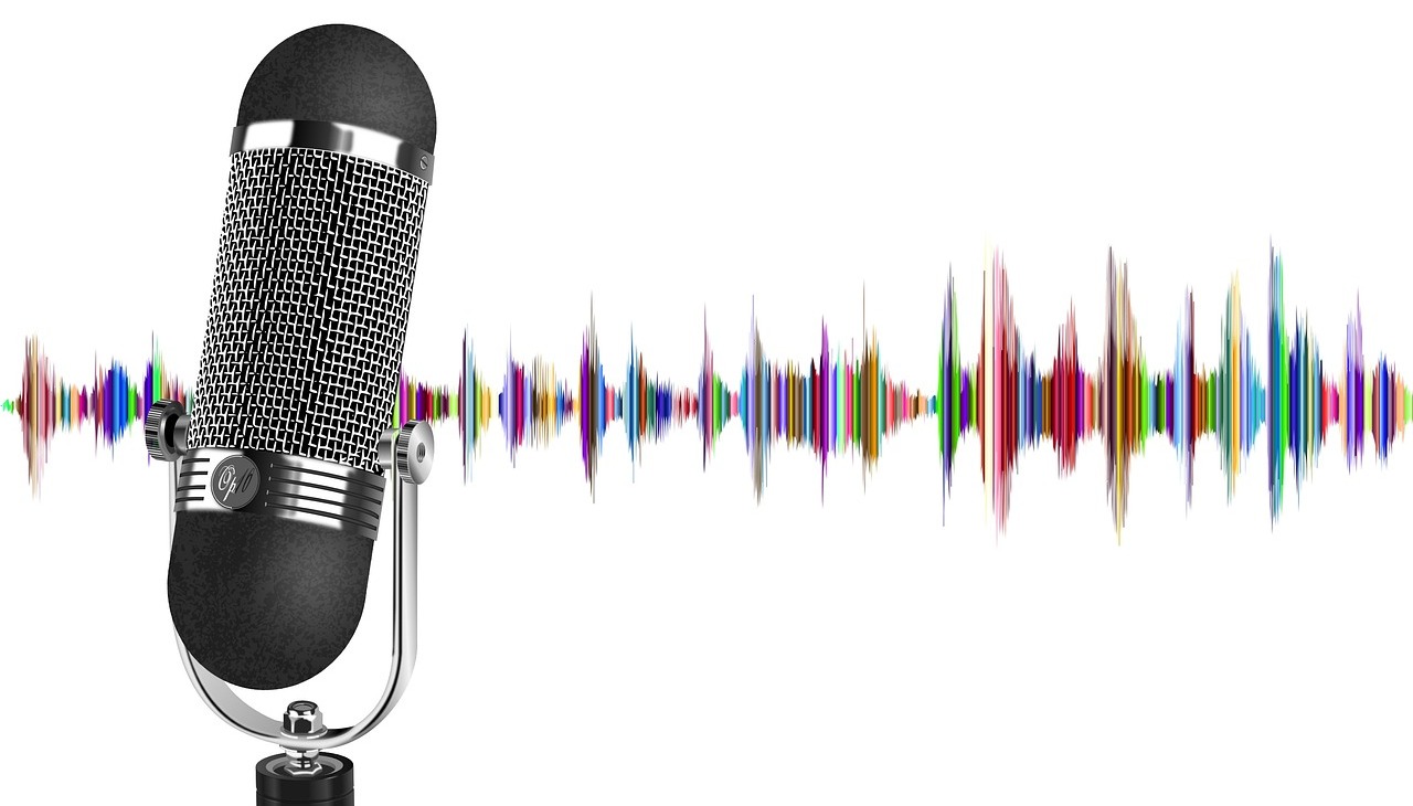 Microphone and audio wave to illustrate podcast production. 