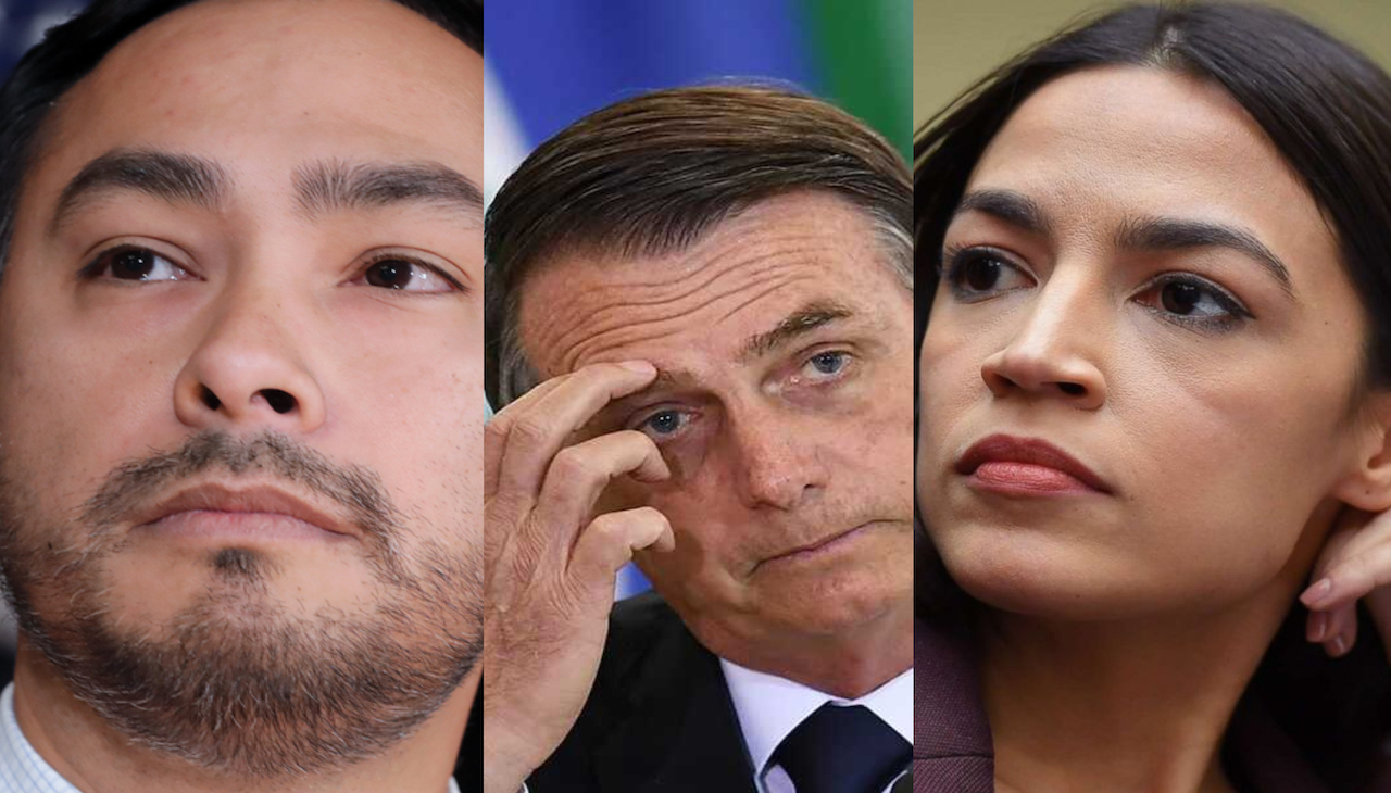 Left to right: Joaquin Castro, Jair Bolsonaro, and Alexandria Ocasio-Cortez