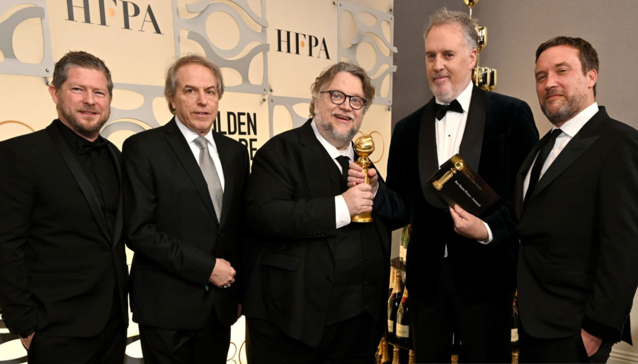 Corey Campodonico, Gary Ungar, Guillermo del Toro, Mark Gustafson, and Patrick McHale pose with the Best Picture - Animated award for "Guillermo del Toro's Pinocchio" at the Annual Golden Globe Awards. Photo: Getty. 