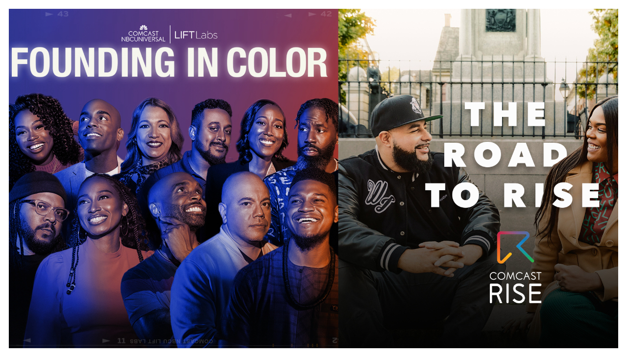 Two promotional posters for the documentary series "The Road to Rise" on the right, depicting two people facing each other on steps; and "Founding in Color" on the left, depicting multiple entrepreneurs of color cast in purple, blue, and red light.