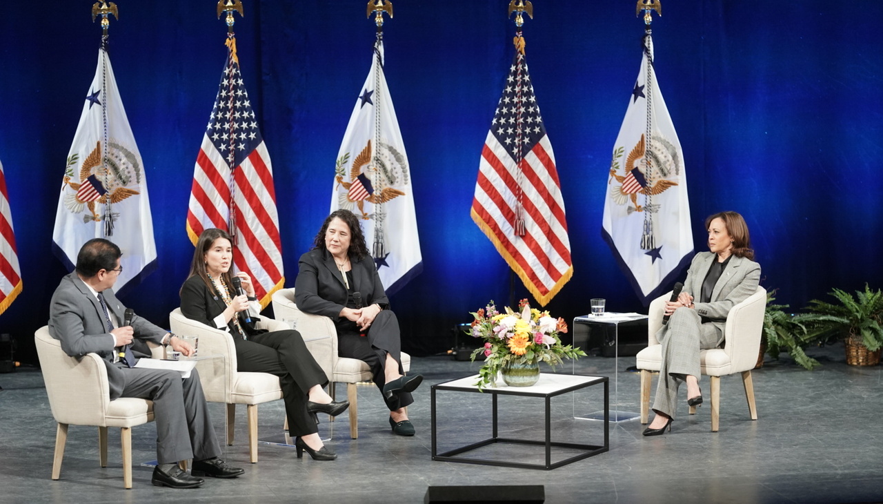 VP Kamala Harris in a talk with SBA Administrator Isabel Guzmán.