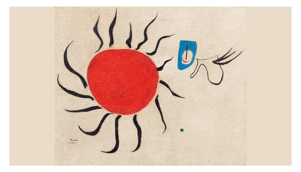 [Peinture (Le Soleil)],1927 Óleo sobre lienzo 38,3 x 46,2 cm Courtesy The David & Ezra Nahmad Collection © Successió Miró, 2023