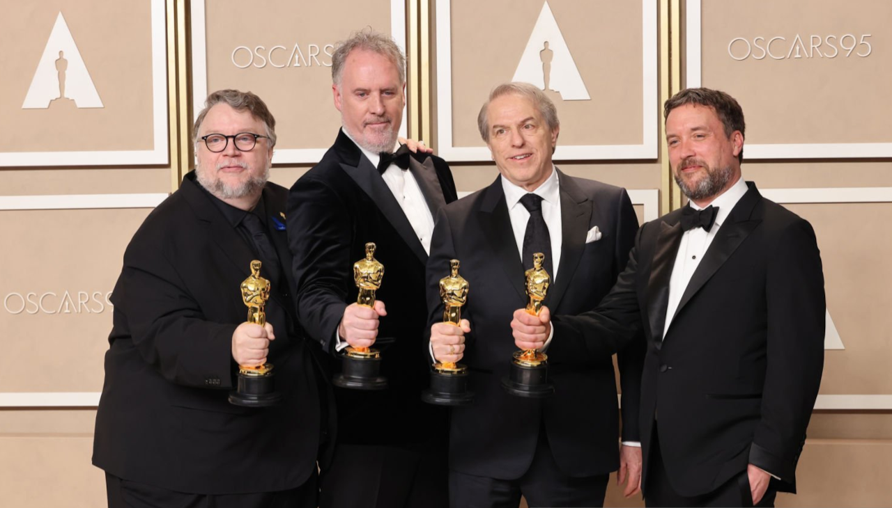  (L-R) Guillermo del Toro, Mark Gustafson, Gary Ungar and Alex Bulkley winners of the Academy Award for Best Animated Feature Film award for ‘Guillermo del Toro's Pinocchio’. Photo: Getty. 