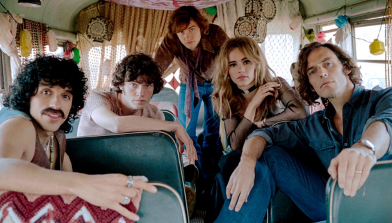 Riley Keough, Sam Claflin, Camila Morrone, Tom Wright, Timothy Olyphant, Sebastian Chacon, star in ‘Daisy Jones & The Six’. Photo: Courtesy of Prime Video. 