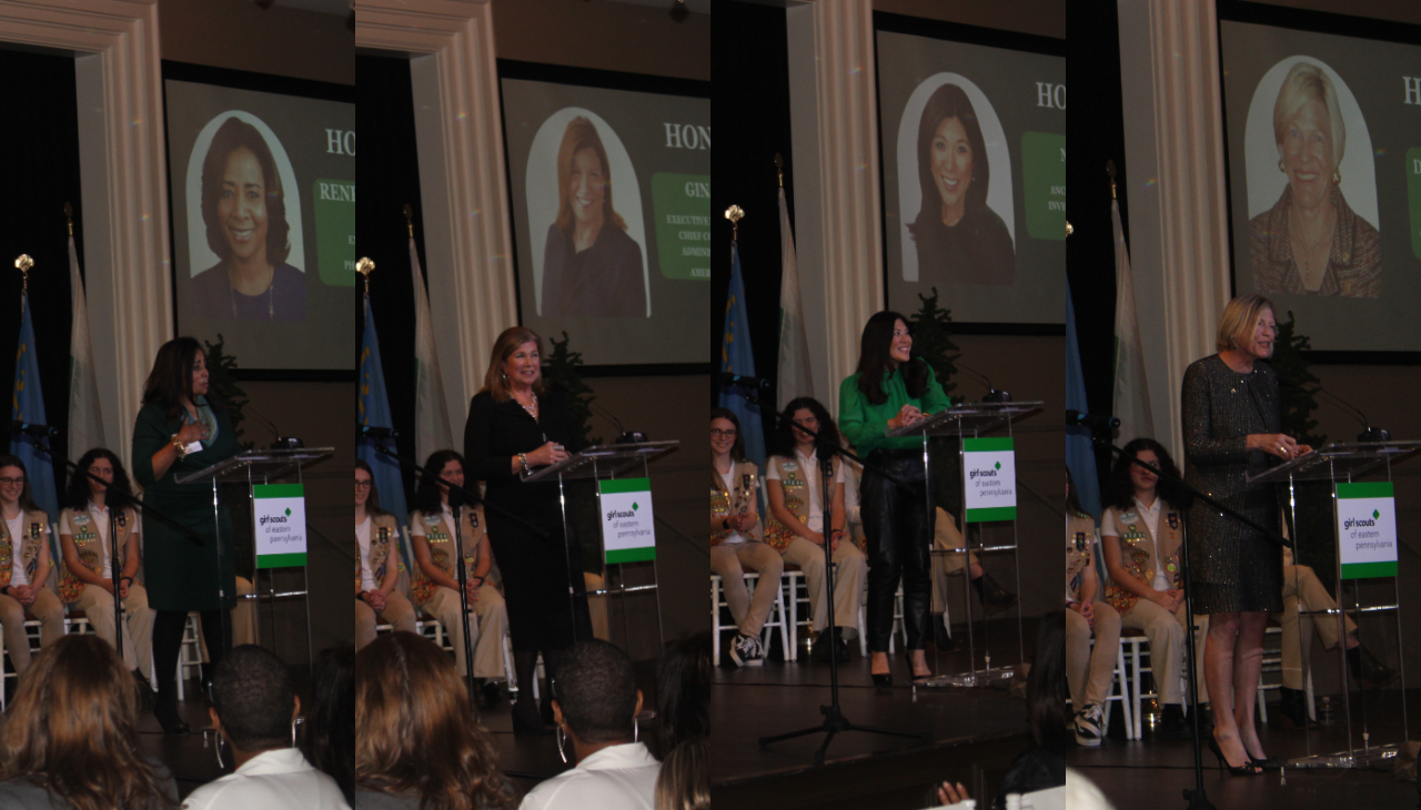 (From left to right) Renee Chenault Fattah, Gina Clark, Nydia Han, and Deborah Hassan giving their acceptance speeches at Take the Lead 2023. Photo credit: Jensen Toussaint/AL DÍA News