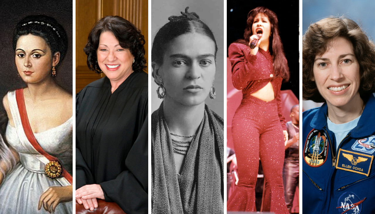 De izquierda a derecha: Manuela Saenz, Sonia Sotomayor, Frida Kahlo, Selena Quintanilla y Ellen Ochoa. 