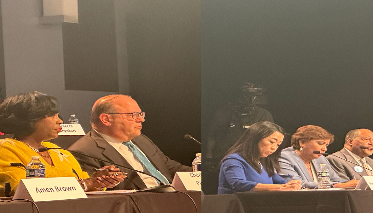 Left to right: Philly democratic mayoral candidates Cherelle Parker, Allan Domb, Helen Gym, Maria Quiñones Sánchez, and James DeLeon. Photos: AL DÍA News